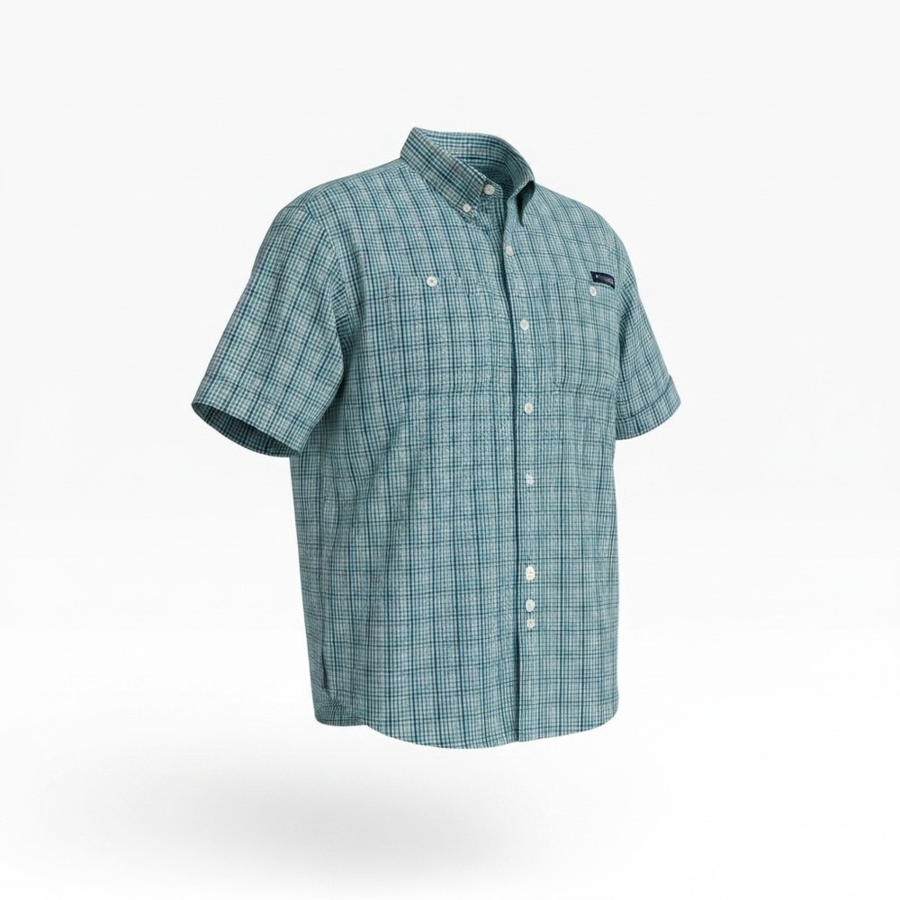 Columbia PFG Mens Blue Green Plaid Short Sleeve Fishing Shirt Omni-Shade Medium